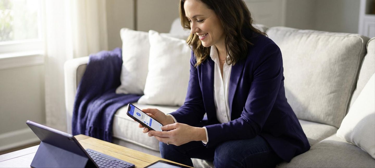 Eine Vertriebspartnerin nutzt die Partner-App auf dem Smartphone